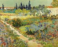 Flowering Garden with Path by Vincent van Gogh: a path winding through beds of red, blue and white flowers to cypresses
