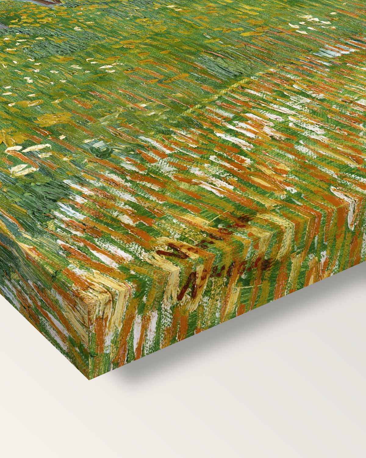 The Flowering Orchard by Vincent van Gogh on stretched canvas, corner close-up: the painting mirror-wrapped round the sides