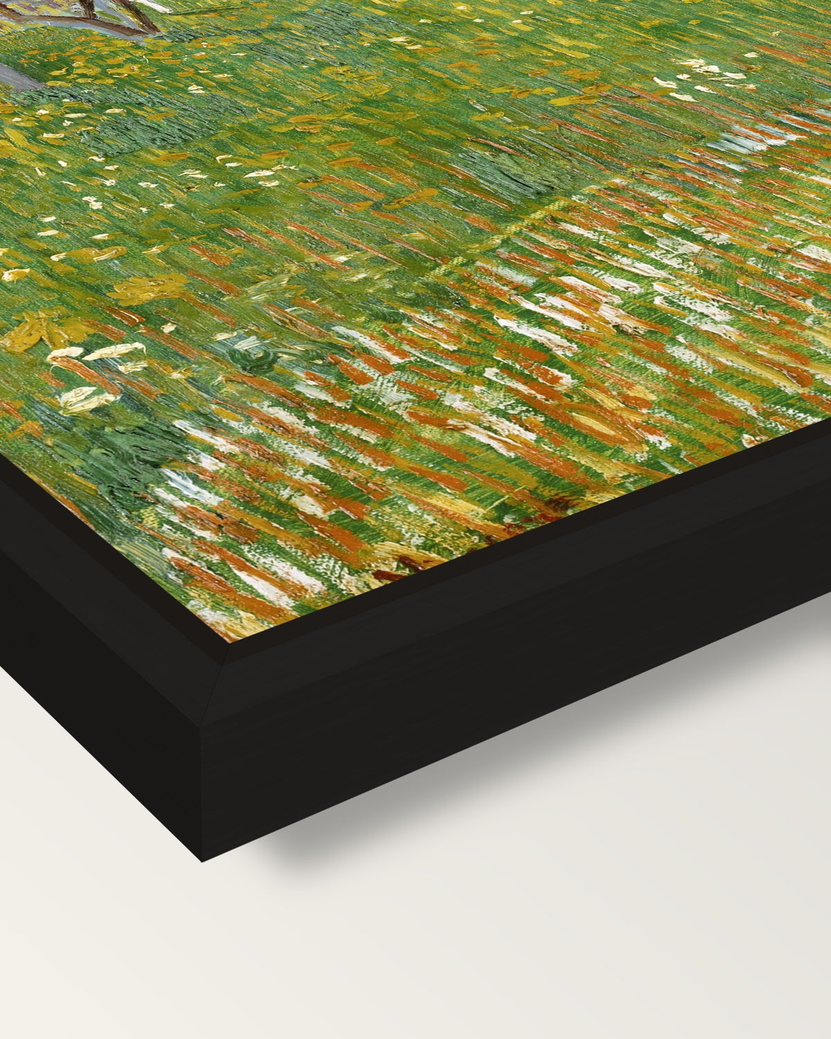 The Flowering Orchard by van Gogh framed canvas, corner close-up: a black floating frame with a shadow gap round the canvas