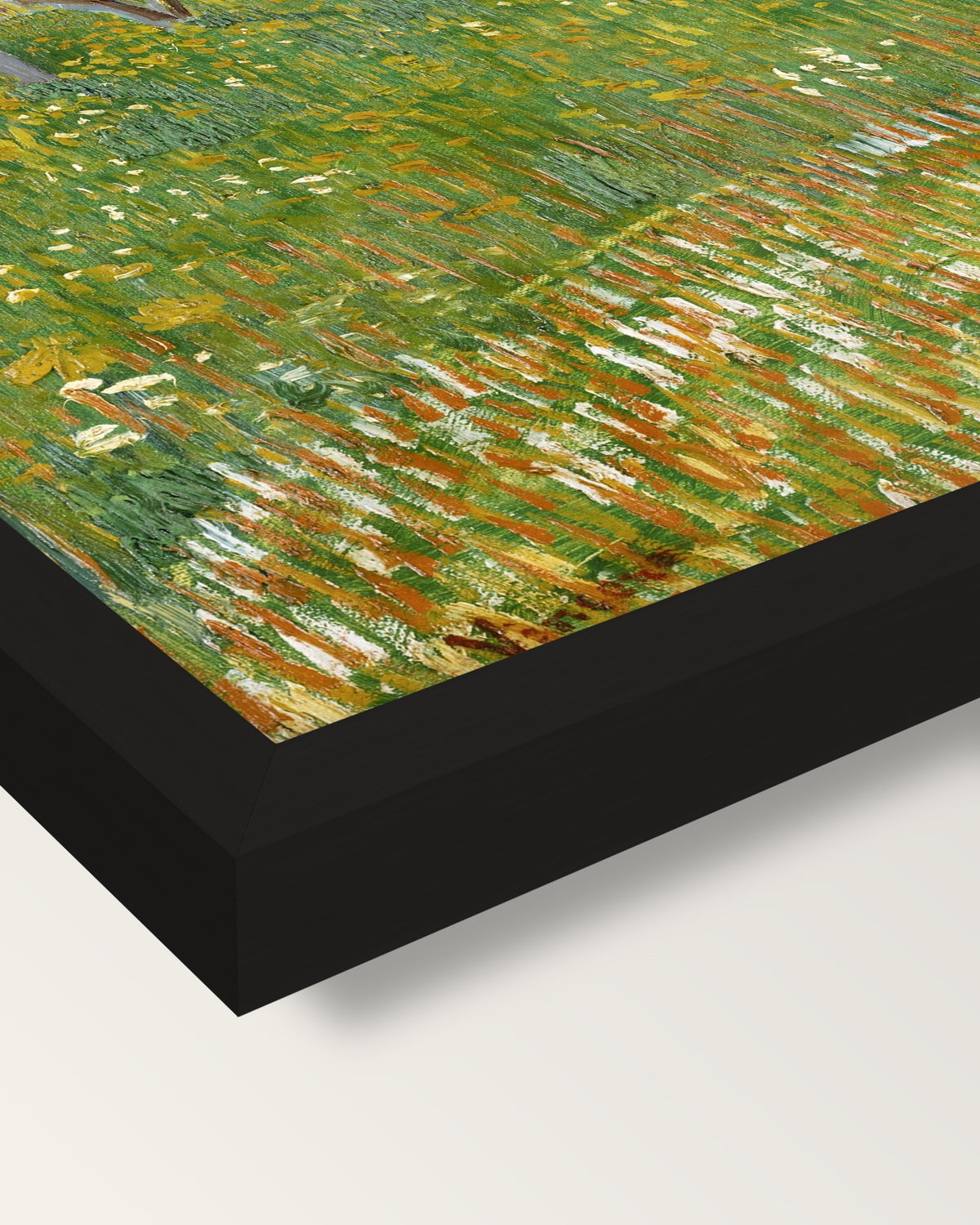 The Flowering Orchard by van Gogh framed print, corner close-up: black moulding, mitred, the print set just below its edge