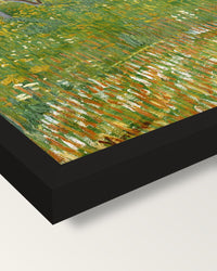 The Flowering Orchard by van Gogh framed print, corner close-up: black moulding, mitred, the print set just below its edge
