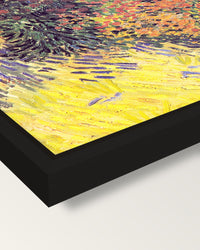 Garden Behind a House by van Gogh framed canvas, corner close-up: a black floating frame with a shadow gap round the canvas