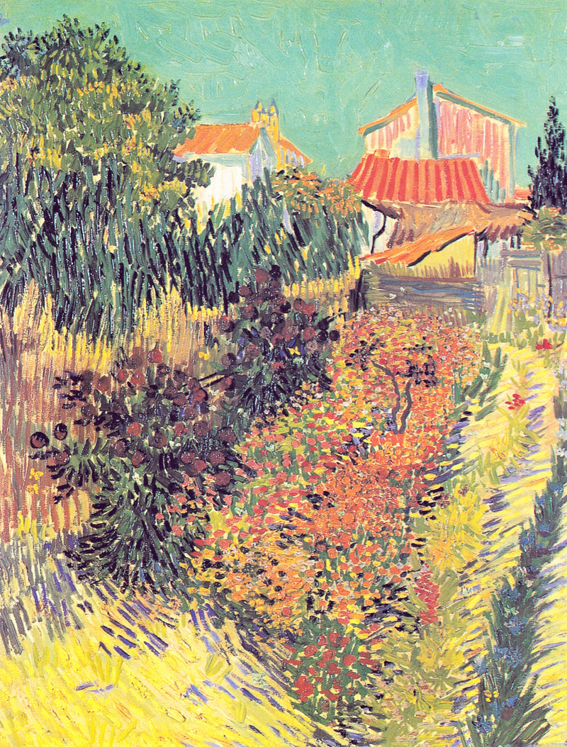 Garden Behind a House by Vincent van Gogh: red, yellow and orange flowers in a small garden, red-roofed houses behind