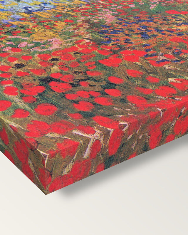 Flowering Garden by Vincent van Gogh on stretched canvas, corner close-up: the painting mirror-wrapped round the sides