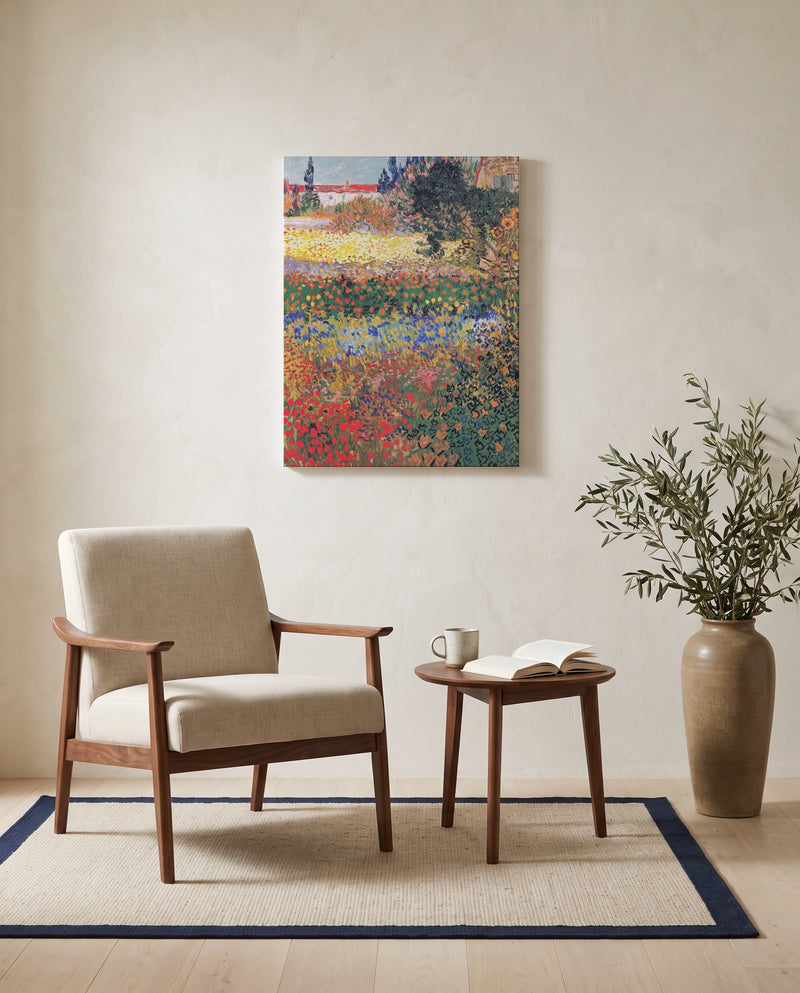 Flowering Garden by Vincent van Gogh as a stretched canvas above a linen lounge chair in a reading corner