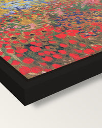 Flowering Garden by van Gogh framed canvas, corner close-up: a black floating frame with a shadow gap round the canvas