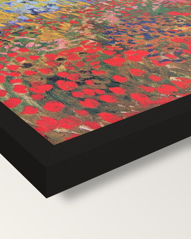 Flowering Garden by Vincent van Gogh framed print, corner close-up: black moulding, mitred, the print set just below its edge