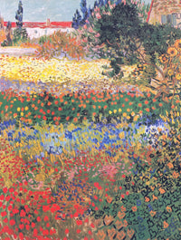 Flowering Garden by Vincent van Gogh: a tall garden of red poppies and yellow, white and blue flowers, a red roof at the top