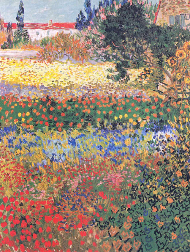 Flowering Garden by Vincent van Gogh: a tall garden of red poppies and yellow, white and blue flowers, a red roof at the top