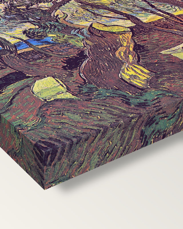 Garden of Saint Paul’s Hospital by van Gogh on stretched canvas, corner close-up: the painting mirror-wrapped round the sides