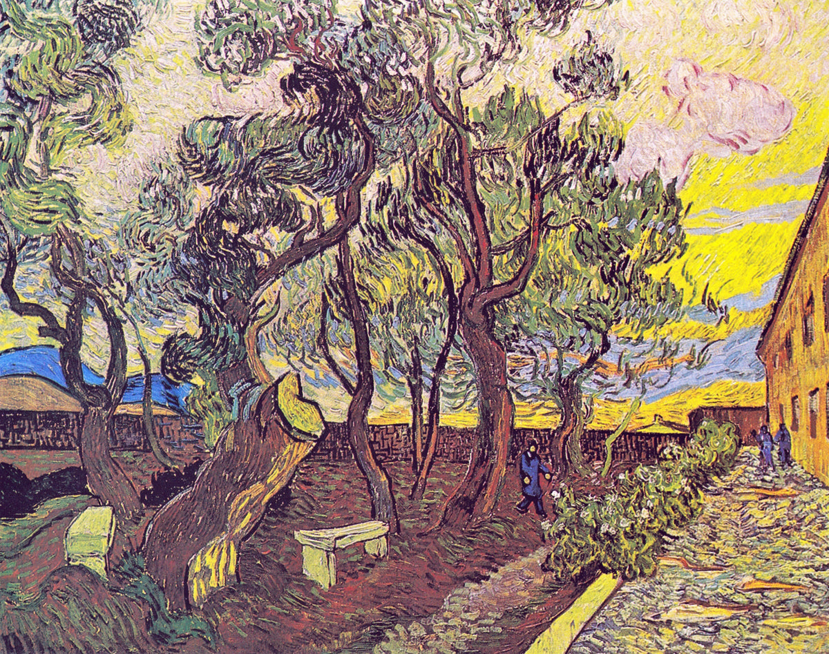 The Garden of Saint Paul’s Hospital by Vincent van Gogh: twisted pines, a stone bench and small figures under a yellow sky