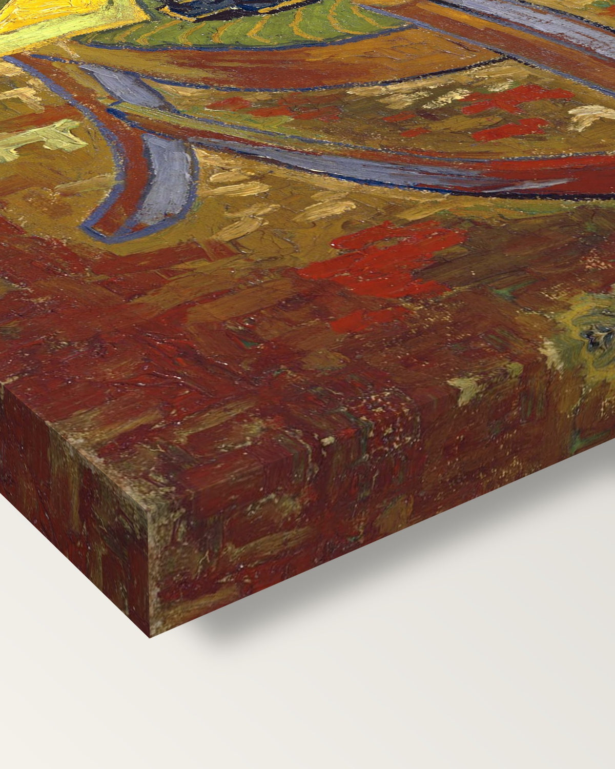 Gauguin’s Armchair by Vincent van Gogh on stretched canvas, corner close-up: the painting mirror-wrapped round the sides