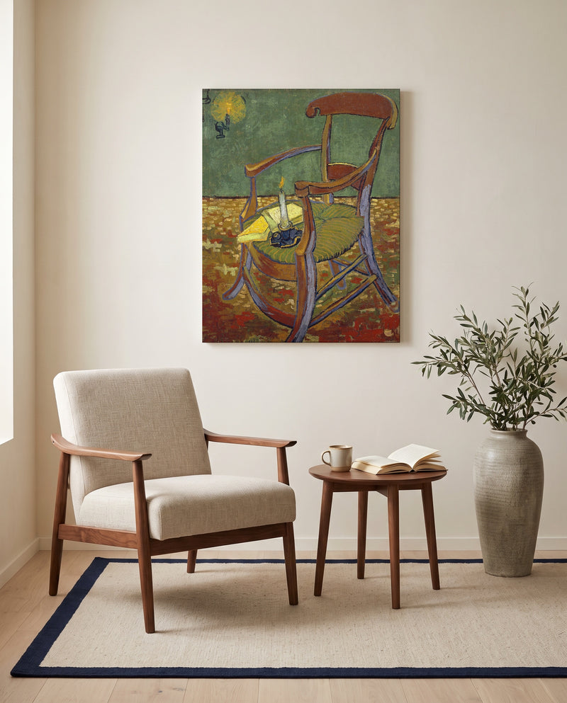 Gauguin’s Armchair by Vincent van Gogh as a stretched canvas above a linen lounge chair in a reading corner