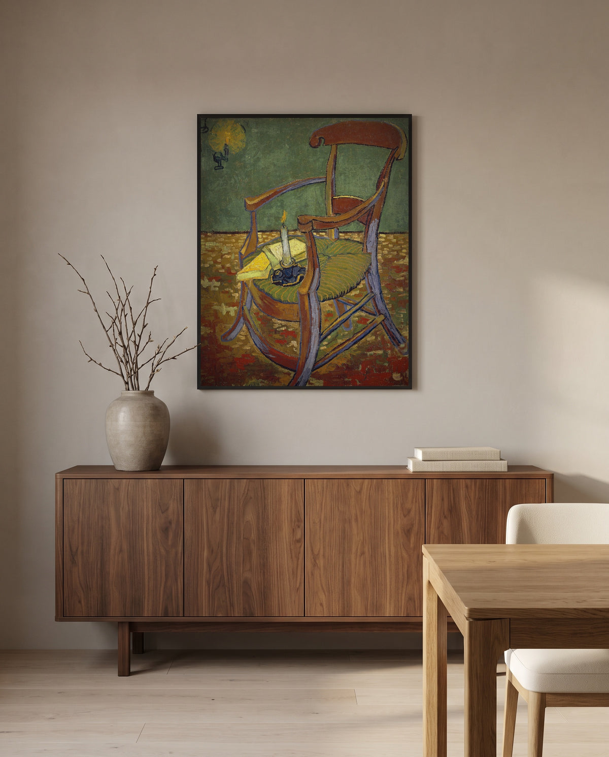 Gauguin’s Armchair by Vincent van Gogh in a black frame above a walnut sideboard in a dining room