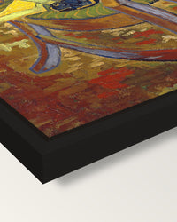 Gauguin’s Armchair by van Gogh framed canvas, corner close-up: a black floating frame with a shadow gap round the canvas