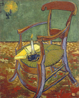 Gauguin’s Armchair by Vincent van Gogh: an empty wooden armchair with a lit candle and two books, a gas lamp behind
