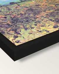 The Green Vineyard by van Gogh framed canvas, corner close-up: a black floating frame with a shadow gap round the canvas