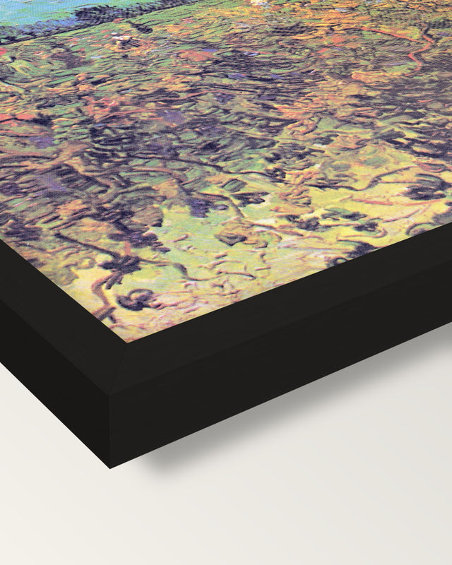 The Green Vineyard by van Gogh framed print, corner close-up: black moulding, mitred, the print set just below its edge