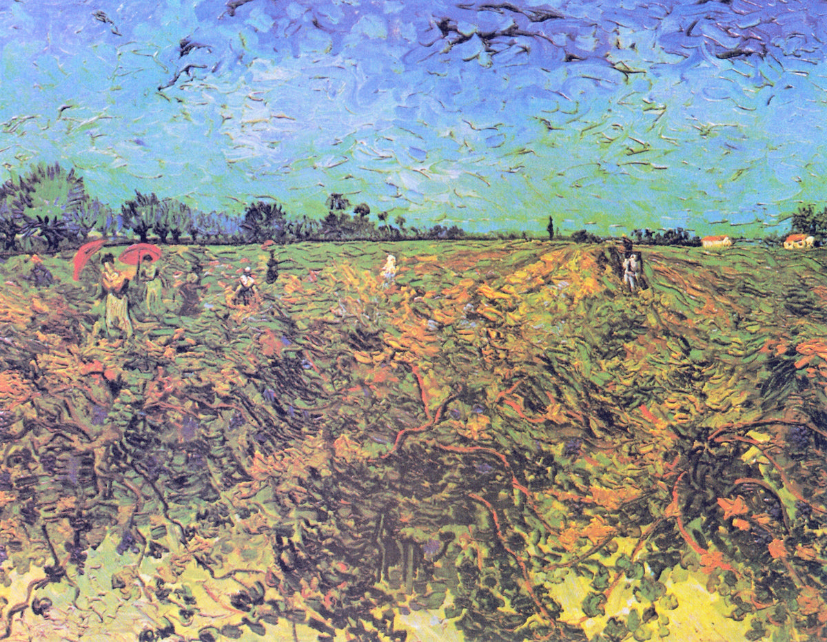 The Green Vineyard by Vincent van Gogh: a green, purple and yellow vineyard under a blue sky, small figures harvesting
