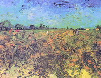 The Green Vineyard by Vincent van Gogh: a green, purple and yellow vineyard under a blue sky, small figures harvesting