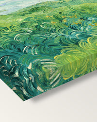 Green Wheat Fields, Auvers by van Gogh on stretched canvas, corner close-up: the painting mirror-wrapped round the sides