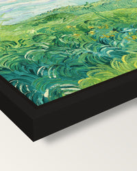 Green Wheat Fields, Auvers framed canvas, corner close-up: a black floating frame with a shadow gap round the canvas