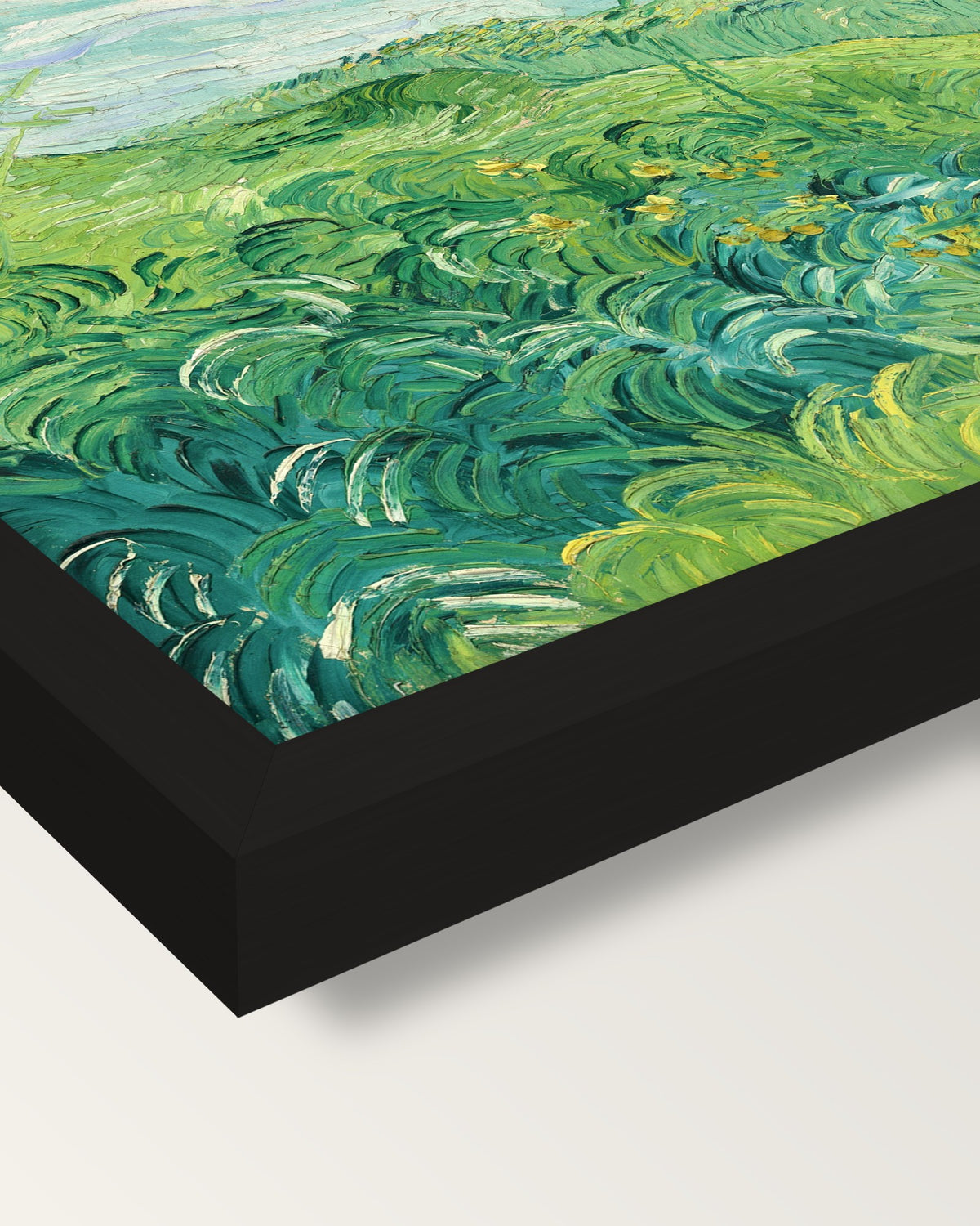 Green Wheat Fields, Auvers framed print, corner close-up: black moulding, mitred, the print set just below its edge