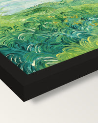 Green Wheat Fields, Auvers framed print, corner close-up: black moulding, mitred, the print set just below its edge