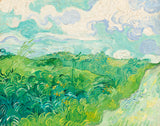 Green Wheat Fields, Auvers by Vincent van Gogh: young green wheat bending in the wind under swirling white and blue clouds
