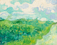 Green Wheat Fields, Auvers by Vincent van Gogh: young green wheat bending in the wind under swirling white and blue clouds