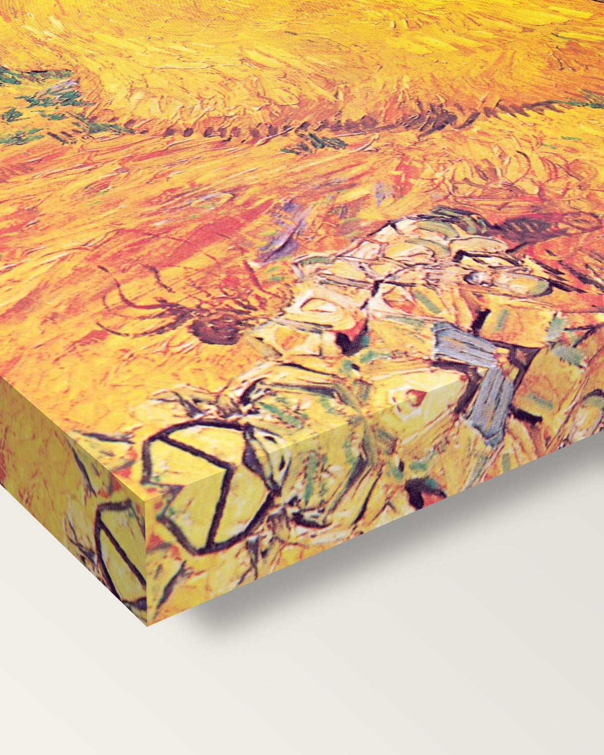 Haystacks in Provence by Vincent van Gogh on stretched canvas, corner close-up: the painting mirror-wrapped round the sides