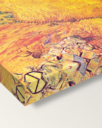 Haystacks in Provence by Vincent van Gogh on stretched canvas, corner close-up: the painting mirror-wrapped round the sides