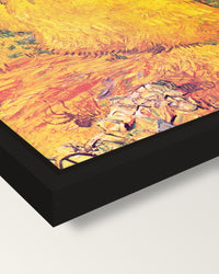 Haystacks in Provence by van Gogh framed canvas, corner close-up: a black floating frame with a shadow gap round the canvas