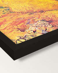 Haystacks in Provence by van Gogh framed print, corner close-up: black moulding, mitred, the print set just below its edge
