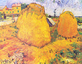 Haystacks in Provence by Vincent van Gogh: two huge golden wheat stacks in a farmyard, a ladder and a farmhouse