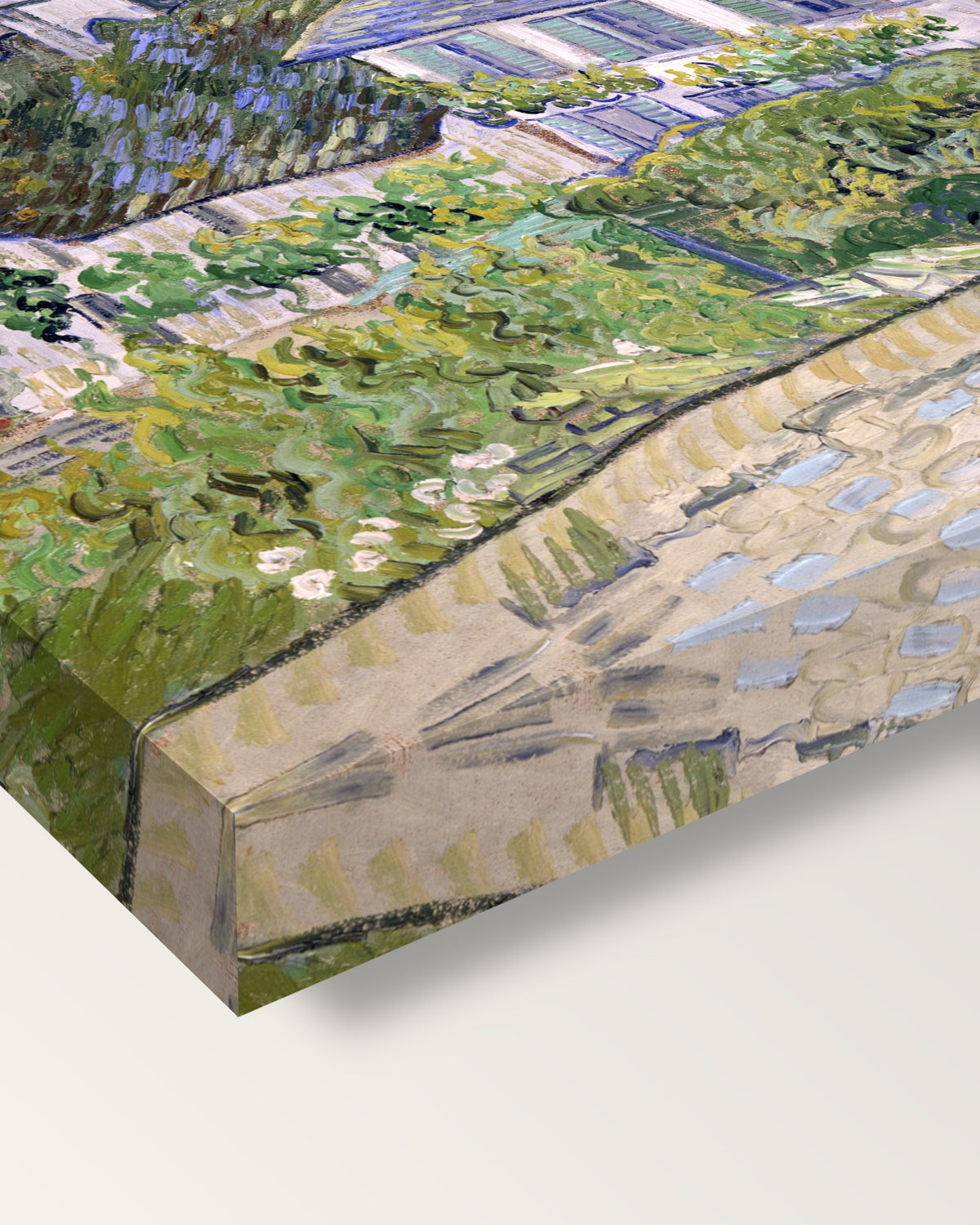 Houses at Auvers by Vincent van Gogh on stretched canvas, corner close-up: the painting mirror-wrapped round the sides