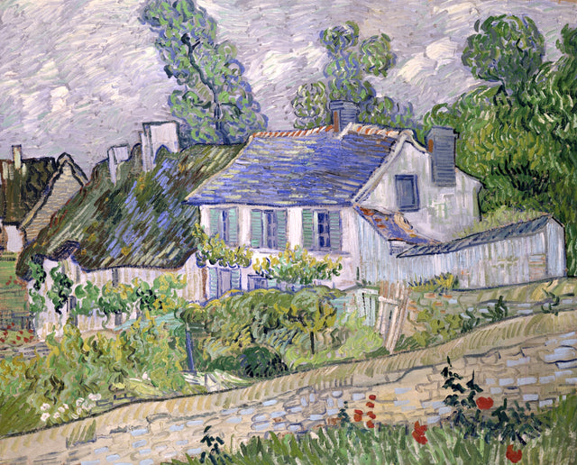 Houses at Auvers by Vincent van Gogh: a white house with a blue roof beside thatched cottages under a cloudy sky
