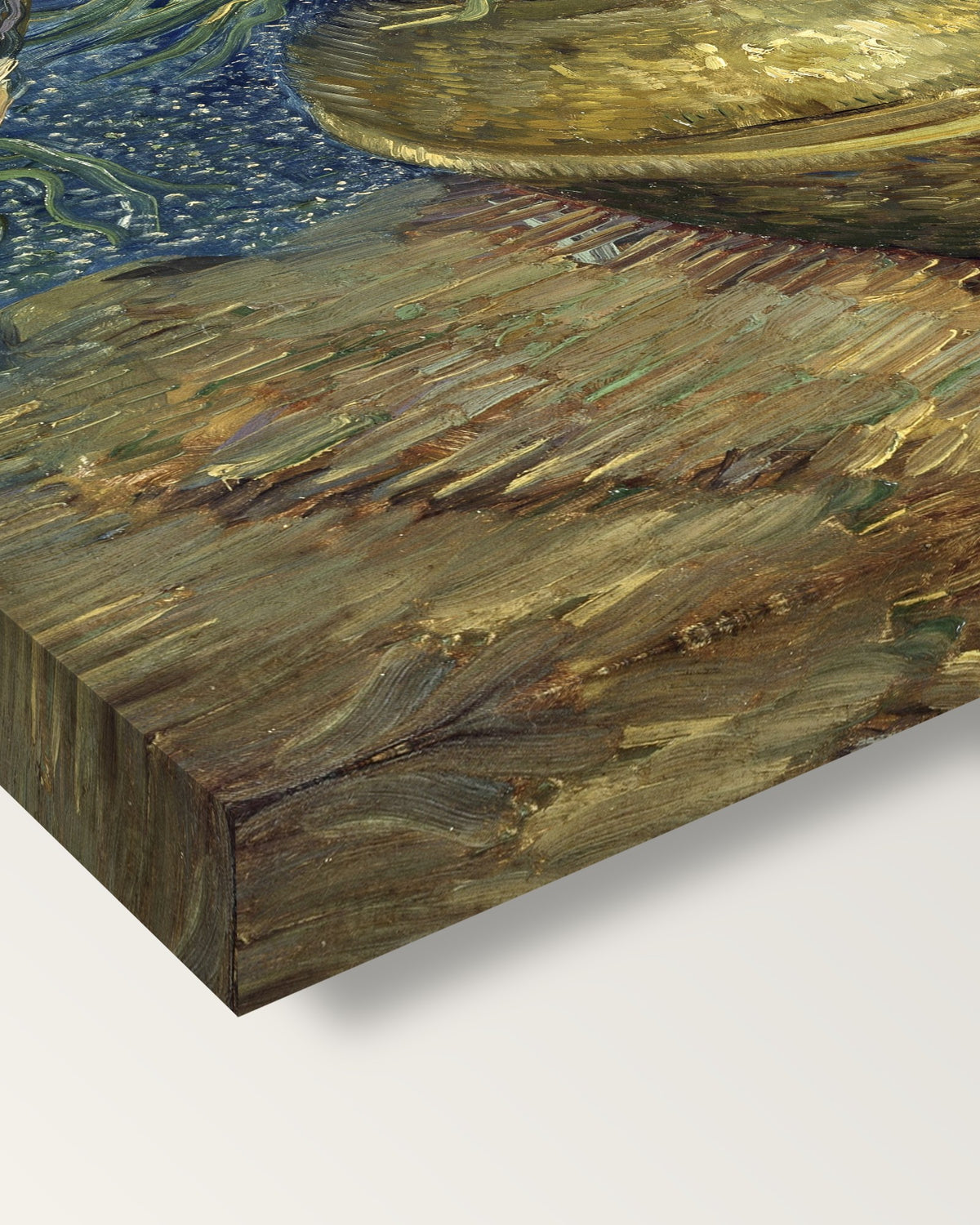 Imperial Fritillaries by Vincent van Gogh on stretched canvas, corner close-up: the painting mirror-wrapped round the sides
