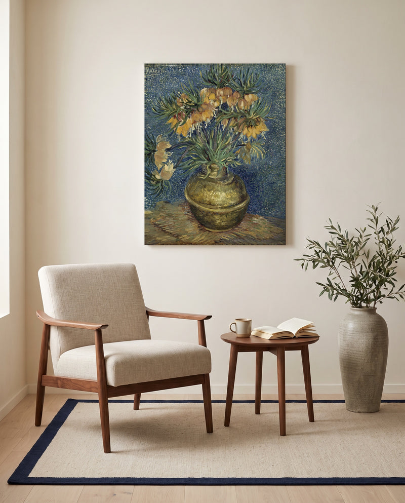 Imperial Fritillaries by Vincent van Gogh as a stretched canvas above a linen lounge chair in a reading corner