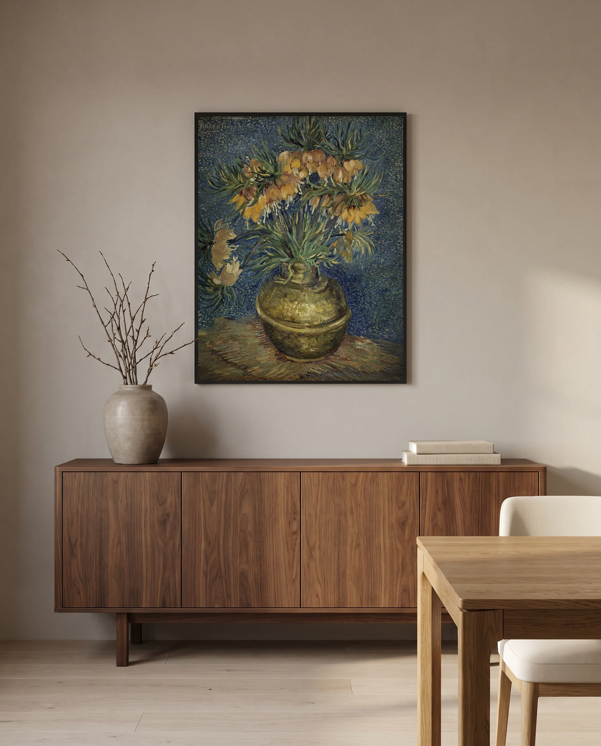Imperial Fritillaries by Vincent van Gogh in a black frame above a walnut sideboard in a dining room