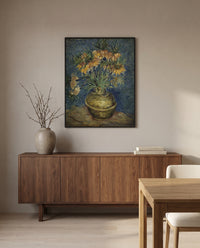 Imperial Fritillaries by Vincent van Gogh in a black frame above a walnut sideboard in a dining room