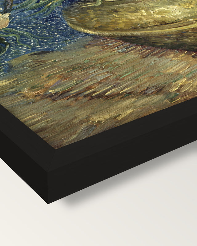 Imperial Fritillaries by van Gogh framed print, corner close-up: black moulding, mitred, the print set just below its edge