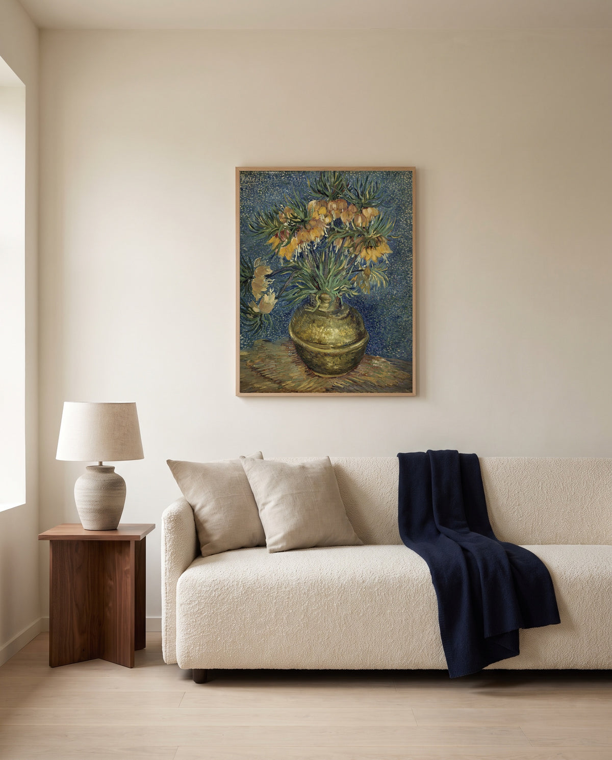 Imperial Fritillaries by Vincent van Gogh framed in natural oak above a cream sofa in a warm living room