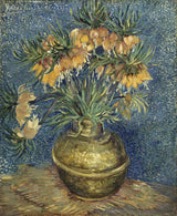 Imperial Fritillaries in a Copper Vase by Vincent van Gogh: orange flowers in a gold vase on a dotted blue wall