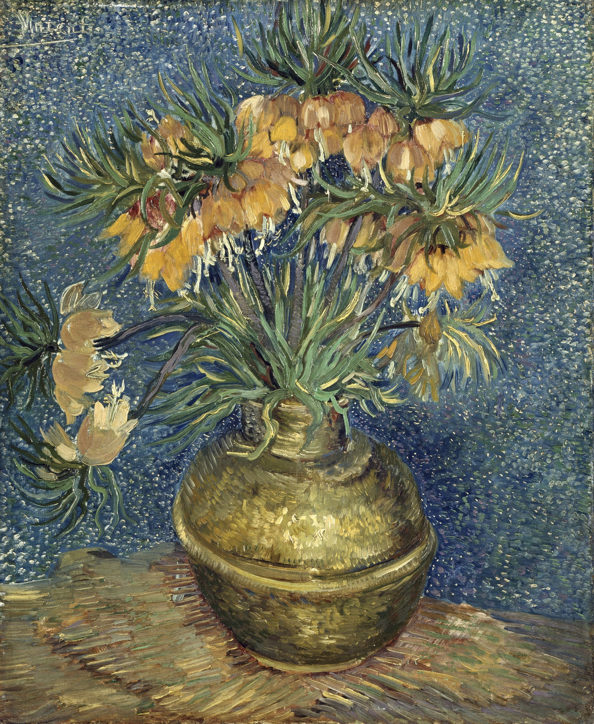 Imperial Fritillaries in a Copper Vase by Vincent van Gogh: orange flowers in a gold vase on a dotted blue wall