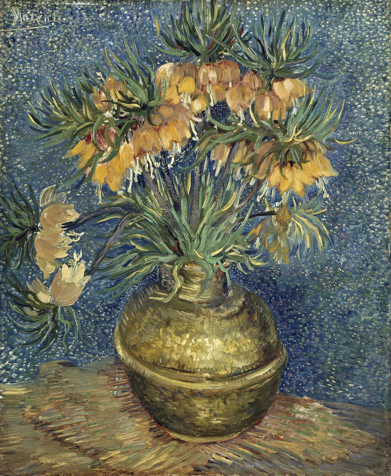 Imperial Fritillaries in a Copper Vase by Vincent van Gogh: orange flowers in a gold vase on a dotted blue wall