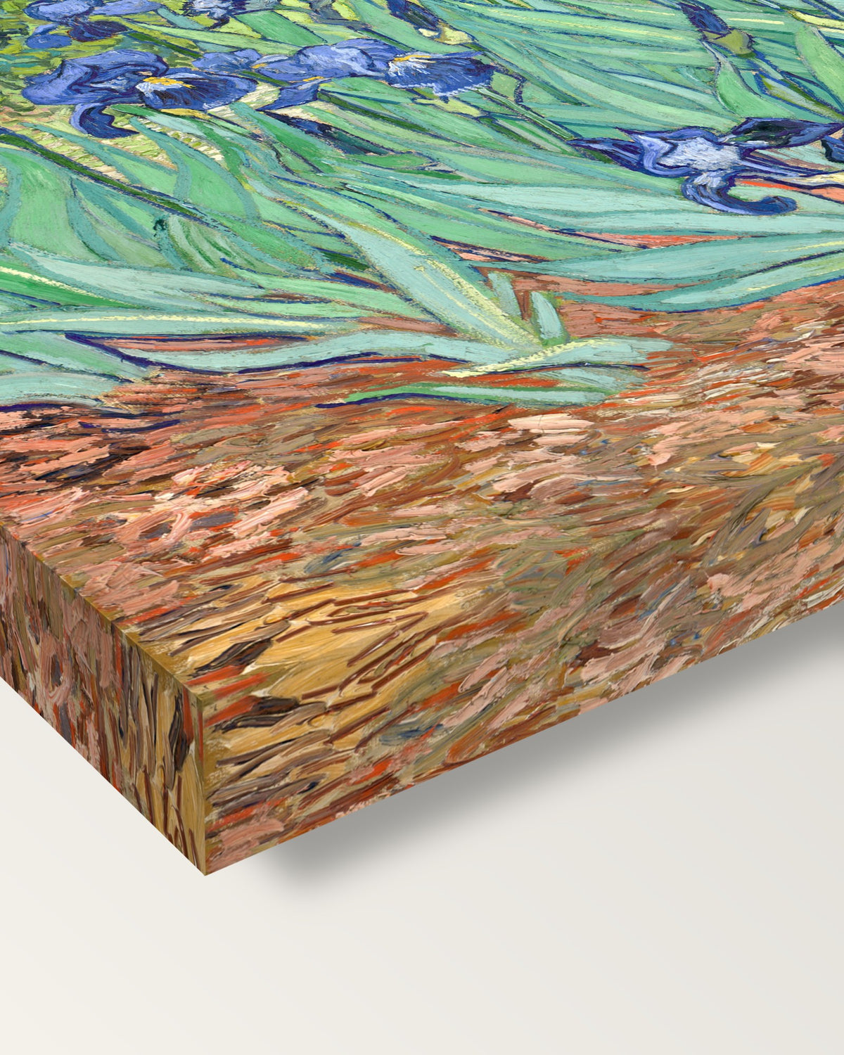 Irises by Vincent van Gogh on stretched canvas, corner close-up: the painting mirror-wrapped round the sides