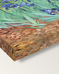 Irises by Vincent van Gogh on stretched canvas, corner close-up: the painting mirror-wrapped round the sides