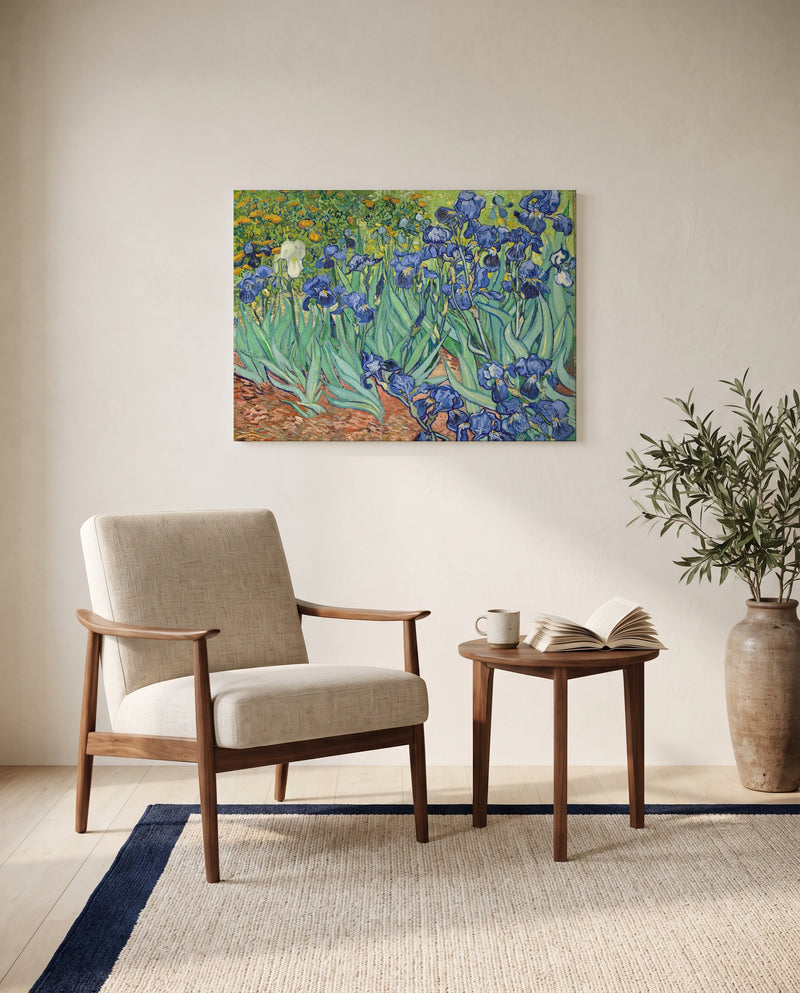 Irises by Vincent van Gogh as a stretched canvas above a linen lounge chair in a reading corner