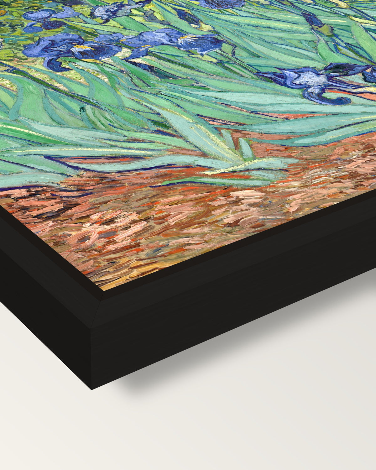 Irises by Vincent van Gogh framed canvas, corner close-up: a black floating frame with a shadow gap round the canvas